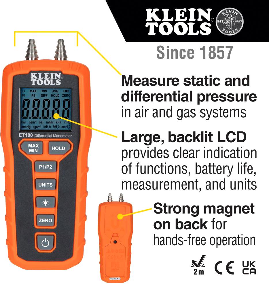 ET180 Klein Tools Pressure Manometer, 0.01, 1.5 