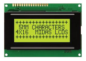 MIDAS DISPLAYS MC41605A6WK-SPTLY-V2 Alphanumeric LCD, 16 x 4, Black on Yellow / Green, 5V, Parallel, English, Euro, Transflective