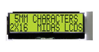 MIDAS DISPLAYS MCCOG21605C6W-SPTLYI Alphanumeric LCD, 16 x 2, Black on Yellow / Green, 3V to 5V, I2C, English, Japanese, Transflective