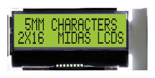 MIDAS DISPLAYS MCCOG21605B6W-SPTLYI Alphanumeric LCD, 16 x 2, Black on Yellow / Green, 3V to 5V, I2C, English, Japanese, Transflective