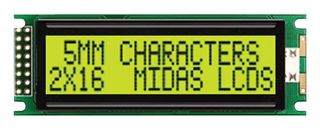 MIDAS DISPLAYS MC21605DA6W-SPTLY-V2 Alphanumeric LCD, 16 x 2, Black on Yellow / Green, 5V, Parallel, English, Japanese, Transflective