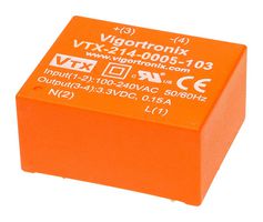 VIGORTRONIX VTX-214-0005-118 AC/DC PCB Mount Power Supply (PSU), ITE, 1 Output, 500 mW, 18 VDC, 28 mA