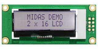 MIDAS DISPLAYS MD21605B6W-FPTLWI3 Alphanumeric LCD, 16 x 2, Black on White, 3V, I2C, English, Japanese, Transflective