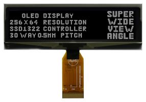 MIDAS DISPLAYS MDOG256064IV-WM Graphic OLED, 256 x 64 Pixels, White on Black, 3.3V, Parallel, SPI, 99.2mm x 33.5mm, -40 °C