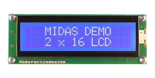 MIDAS DISPLAYS MC21609AB6W-BNMLW3.3-V2 Alphanumeric LCD, 16 x 2, White on Blue, 3.3V, Parallel, English, Japanese, Transmissive