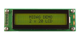 MIDAS DISPLAYS MC22005A6W-SPTLY3.3-V2 Alphanumeric LCD, 20 x 2, Black on Yellow / Green, 3.3V, Parallel, English, Japanese