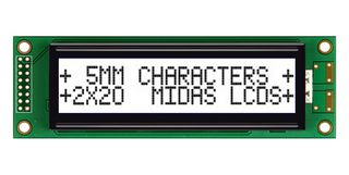 MIDAS DISPLAYS MC22005A6W-FPTLWI-V2 Alphanumeric LCD, 20 x 2, Black on White, 5V, I2C, English, Japanese, Transflective
