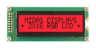 MIDAS DISPLAYS MD21605B6W-FPTLRGB Alphanumeric LCD, 16 x 2, Black on RGB, 5V, Transflective