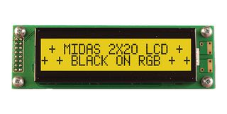 MIDAS DISPLAYS MD22005A6W-FPTLRGB Alphanumeric LCD, 20 x 2, Black on RGB, 5V, Transflective