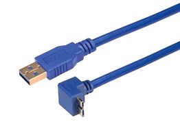 L-COM CA3A-90UMICB-3M USB Cable, Type A Plug to 90° Micro Type B Plug, 3 m, 9.84 ft, USB 3.0, Blue