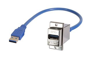 L-COM ECF504-30-075AAS USB Cable, Bulkhead Adapter, Type A Plug to Type A Receptacle, 750 mm, 29.5 ", USB 3.0, Blue