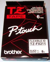 BROTHER TZE-FX211 Label Printer Tape, Adhesive-Laminated, Black on White, 8 m