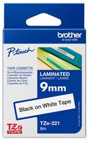 BROTHER TZE-221 Label Printer Tape, Adhesive-Laminated, Black on White, 9 mm x 8 m