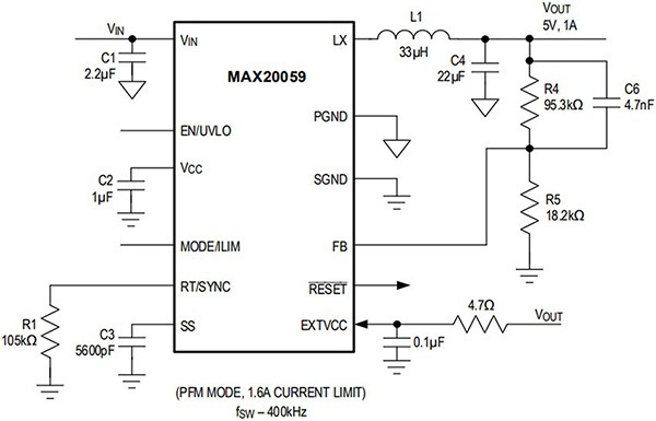 48VIN to 16VOUT buck converter with 400 kHz switching frequency